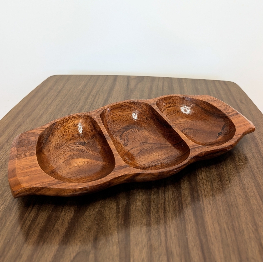 Vintage 70s 80s Wooden Monkey Pod 3 Section Snack Bowl Serving Dish